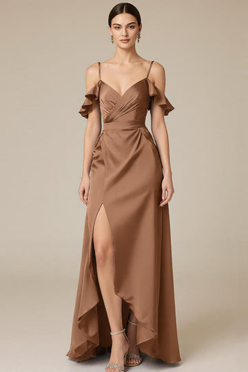 Terracotta Ruffled Satin Cold Shoulder Long Black Tie Dress with Slit